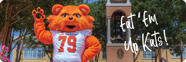 Mascot Sammy Bearkat with the words Eat 'Em Up Kats