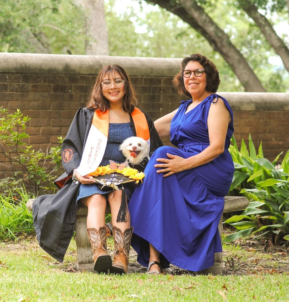 Jemma Medina with her mom and service dog.