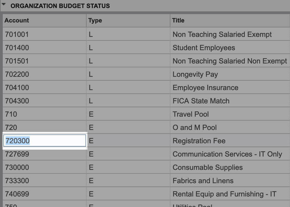 account code highlighted blue in the first column