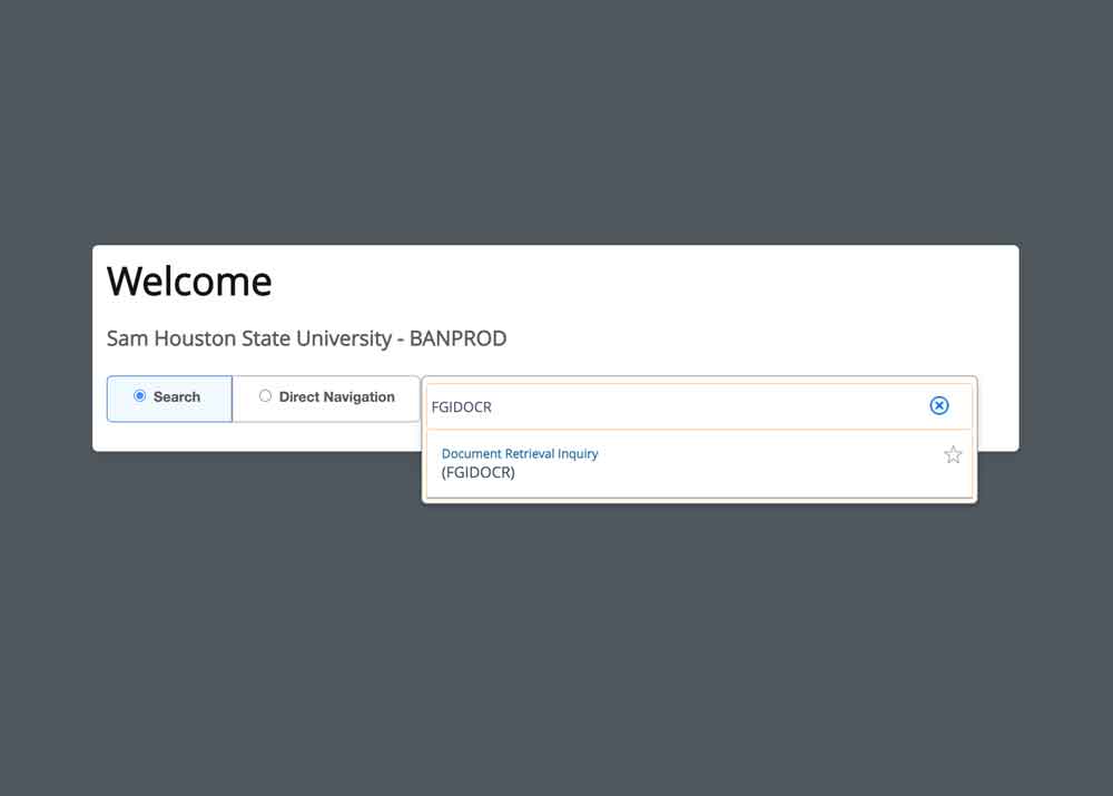 banner search menu with FGIDOCR in search field and dropdown expanded with Document Retrieval Inquiry