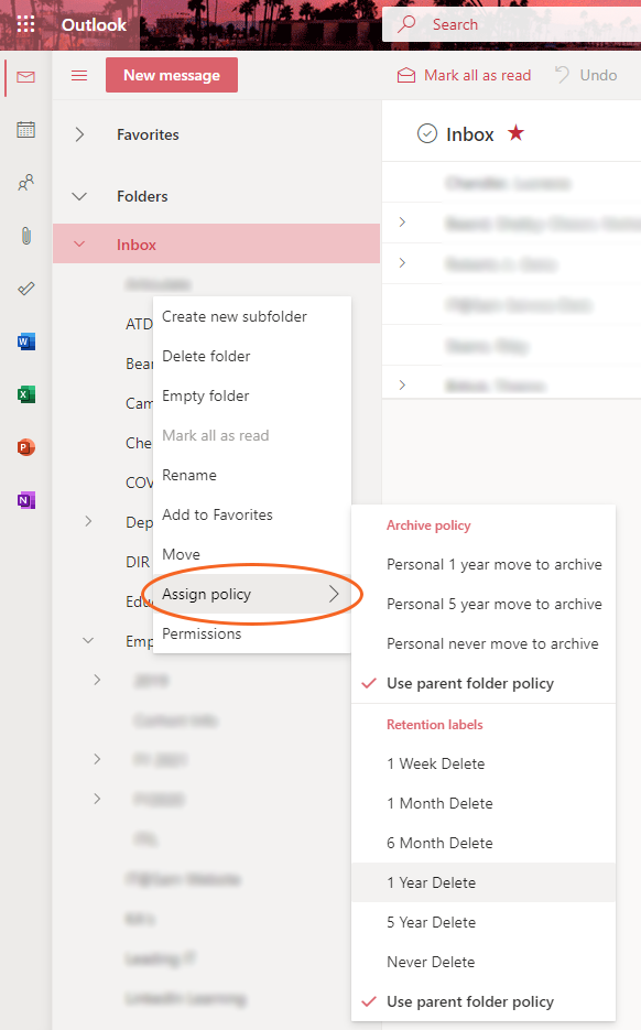 Folder Assign Policy OWA Retention Policy Folder