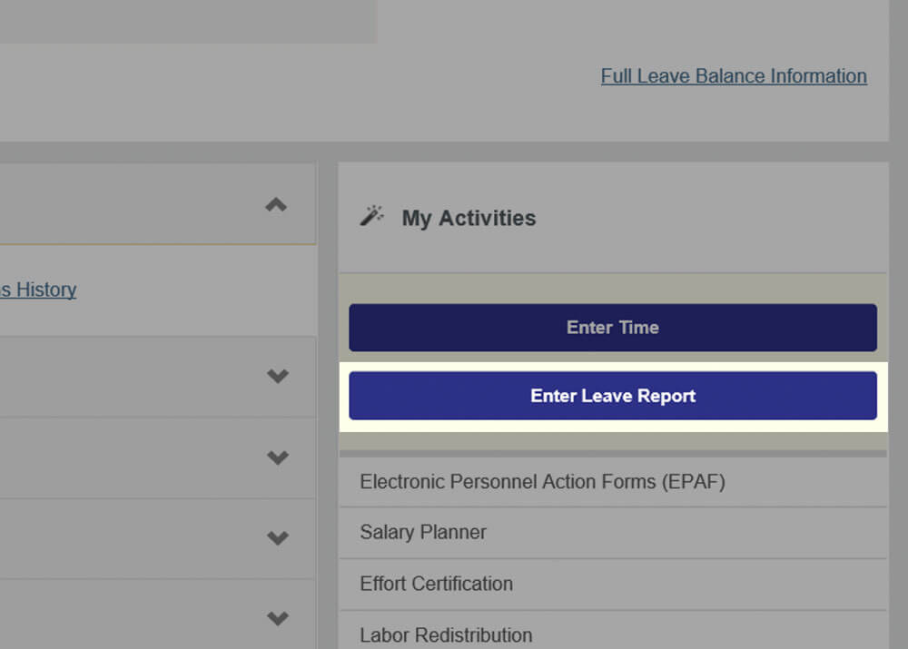 Enter Leave Report is located under my activities to the right of the screen