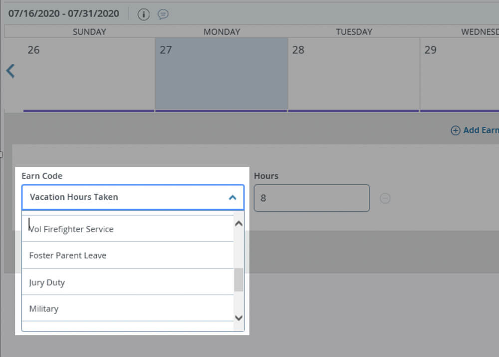 options will appear below the earn code field once you have clicked or actived the field