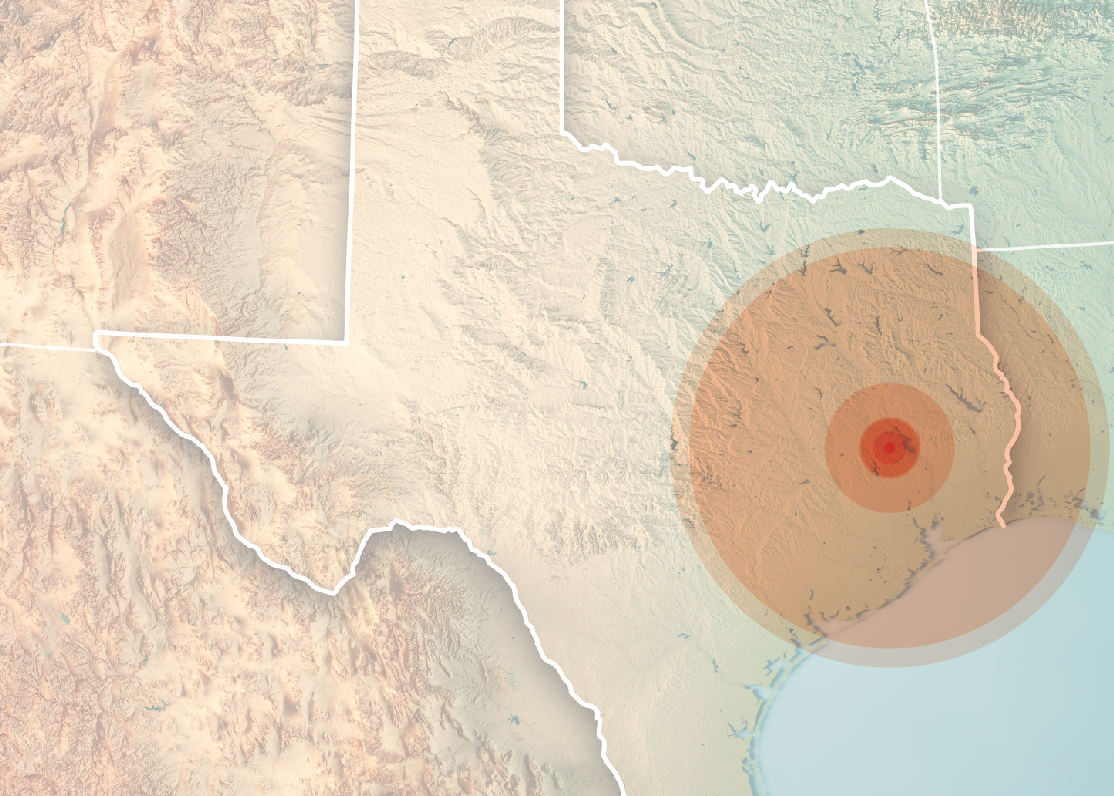 A map depicting the state of Texas. There is a small, deep red circle centered over Huntsville, Texas and a larger, lighter-red circle that surrounds the smaller deep red circle.